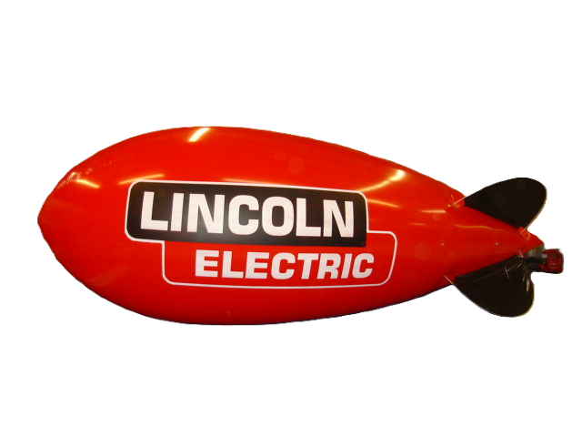 red trade show blimp with Lincoln Electric logo
